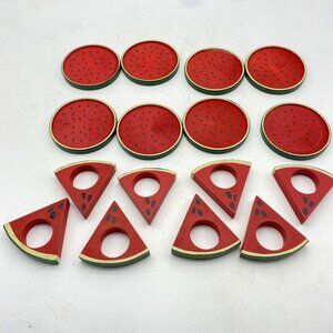 Vtg Watermelon Napkin Rings & Coasters Set 8 Each Summer Picnic Party Farrmhouse
